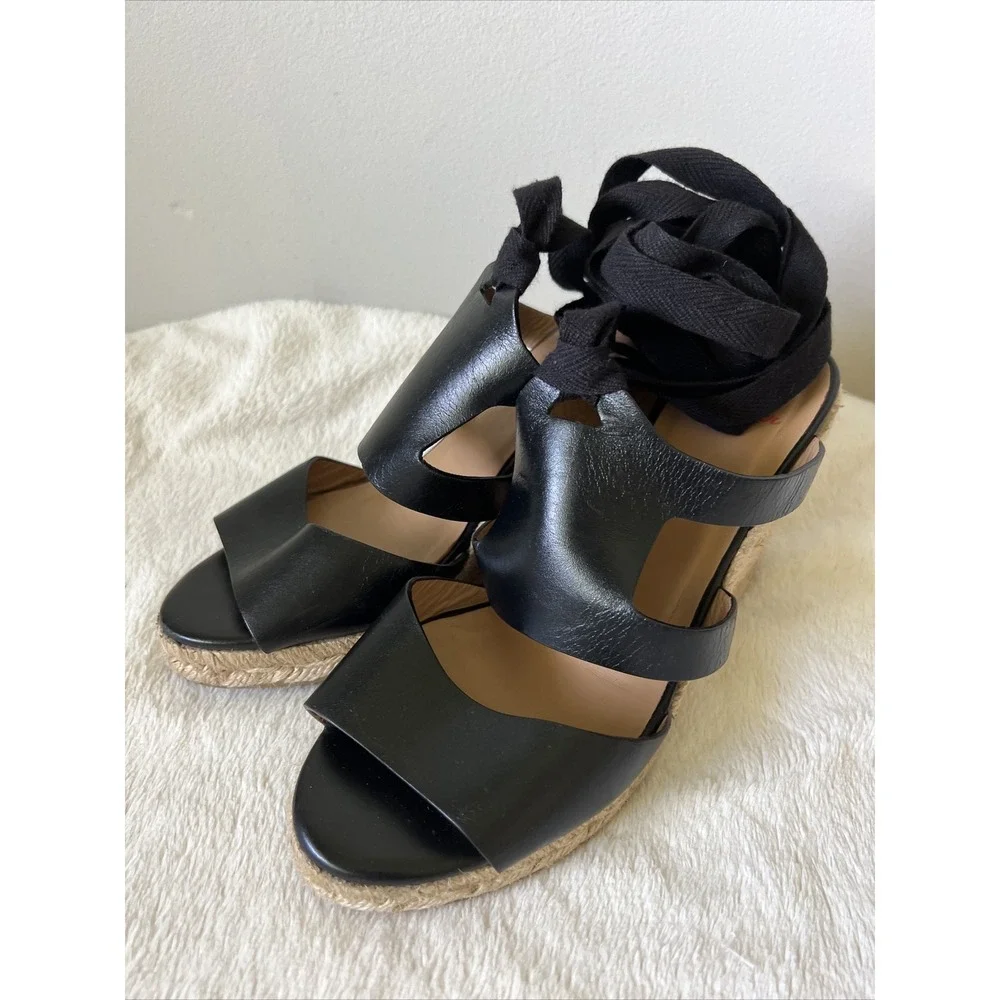 Castaner Black Leather Espadrille Wedge Heel Sandal Shoes Size 37